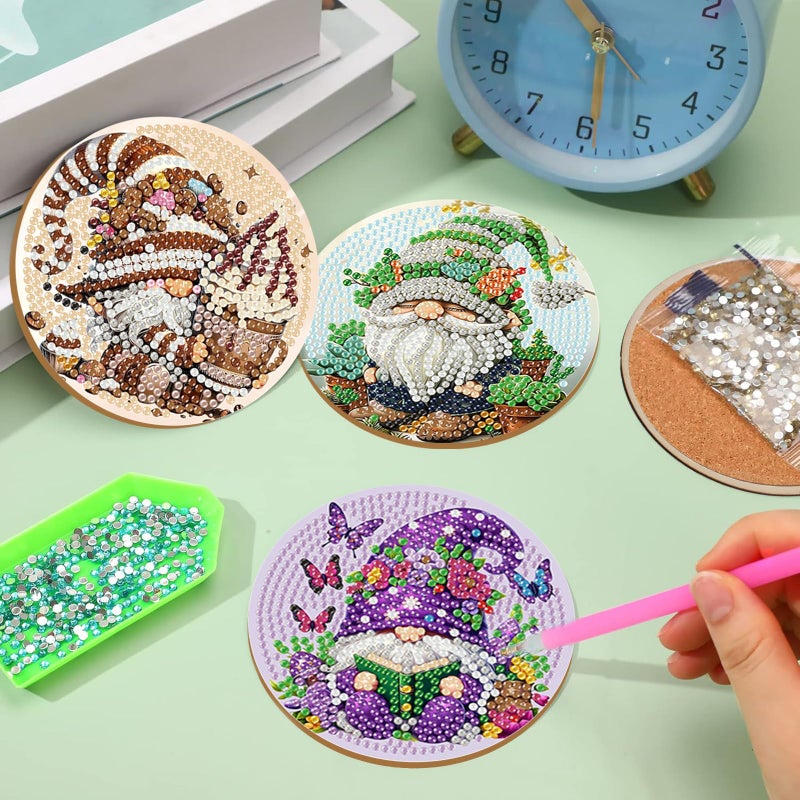 hito 8 PCS Gnome Diamond Art Coasters-Gnomes Diamond Painting Coasters Kits with Holder, DIY Gnome Coasters Kit with Cork Bases for Adults Beginners as Gift Home Decors - Image 5