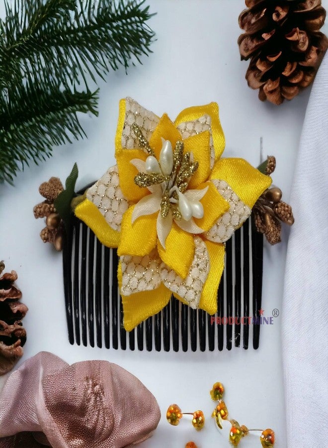 PRODUCTMINE مشط شعر مزين بالزهور من PRODUCTMINE®، إكسسوارات شعر مزينة بالزهور، دبوس شعر مزين بالزهور للنساء والفتيات، دبابيس شعر نسائية لحفلات الزفاف - لون أصفر مانجو صناعي: قطعة واحدة - Image 5
