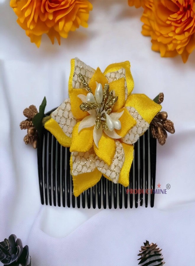PRODUCTMINE مشط شعر مزين بالزهور من PRODUCTMINE®، إكسسوارات شعر مزينة بالزهور، دبوس شعر مزين بالزهور للنساء والفتيات، دبابيس شعر نسائية لحفلات الزفاف - لون أصفر مانجو صناعي: قطعة واحدة - Image 3