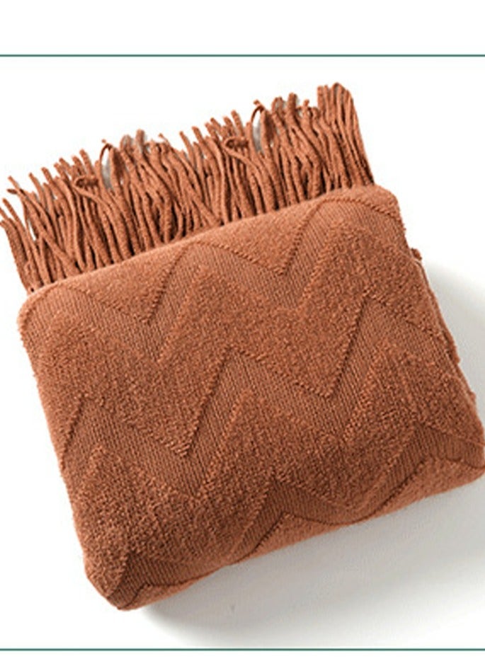 Loquat Geometrical Pattern Tassel Design Knitted Soft Throw Blanket Caramel - Image 3