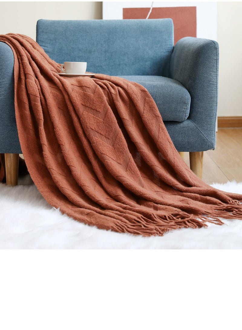 Loquat Geometrical Pattern Tassel Design Knitted Soft Throw Blanket Caramel - Image 1