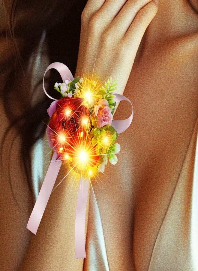 Latious Light Up Bride Wedding Rose Corsage LED Prom Wrist Corsages Glow Bridal Hand Flower for Women and Girls (Red-Yellow Light) - Image 1