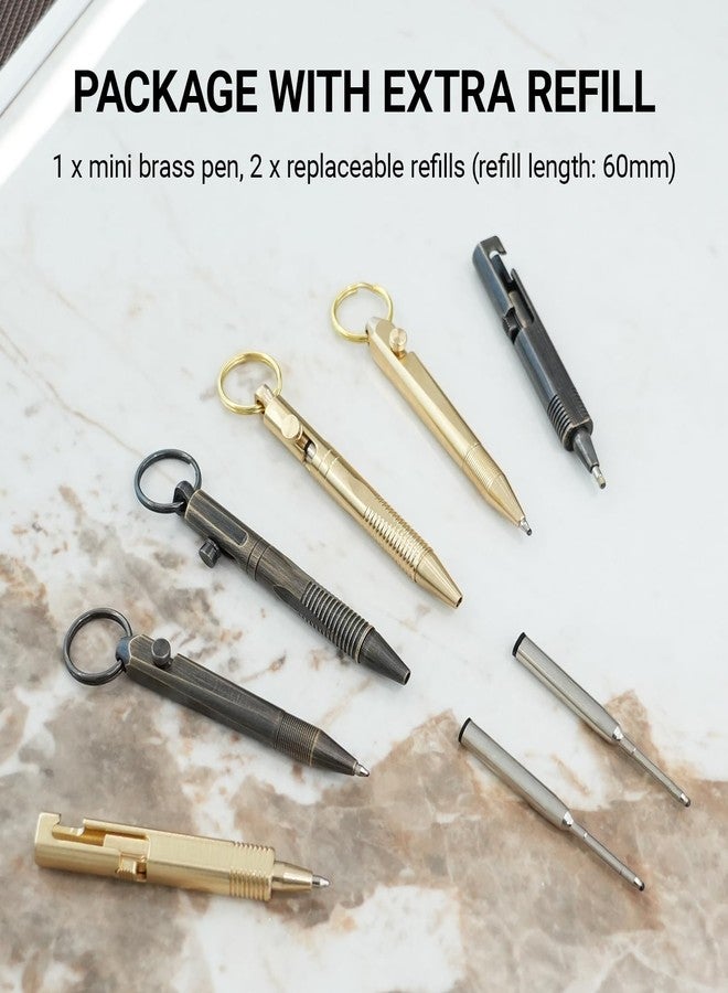 Origin-Joy Mini EDC Brass Pen, Small Travel Bolt Pocket Pen, Short Compact Tactile Turn Metal Ballpoint Pen With 2 Mini Replacement Refills (Retro Black, Quick Release Keychain) - Image 3