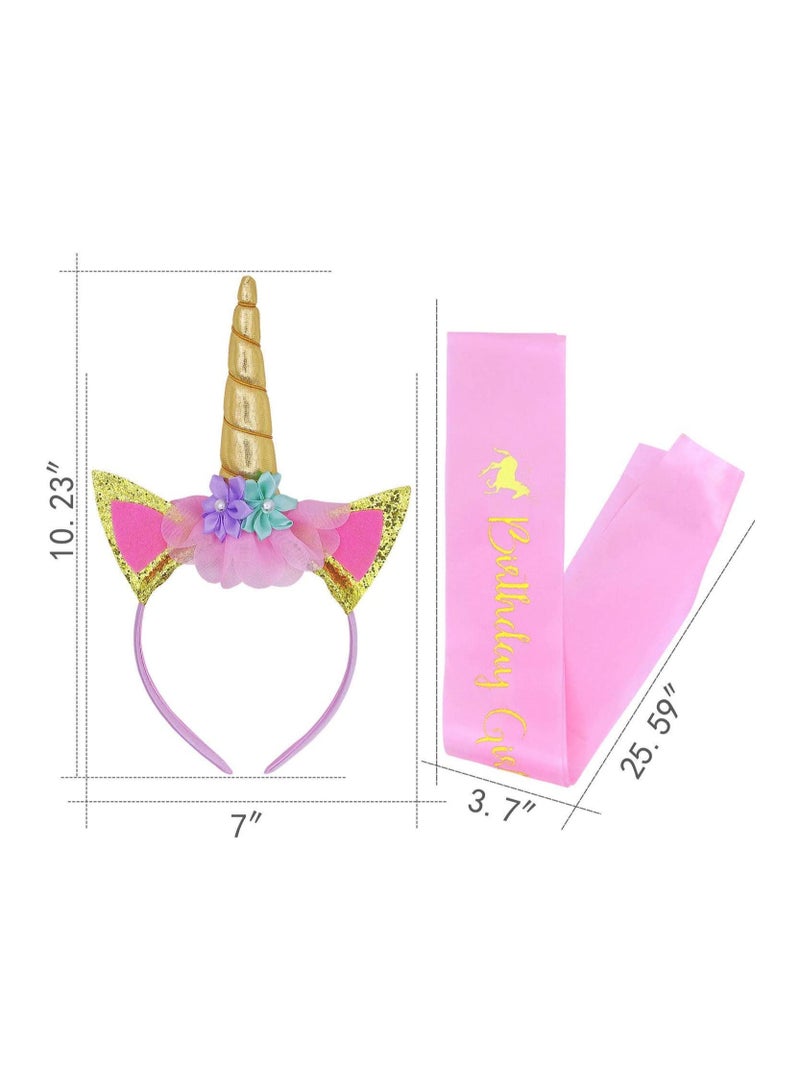 إسكدنيا Unicorn Headband and Birthday Girl Sash for Kids Party Supplies Gifts Children Horn Glitter Hairband Gold Pink - Image 2