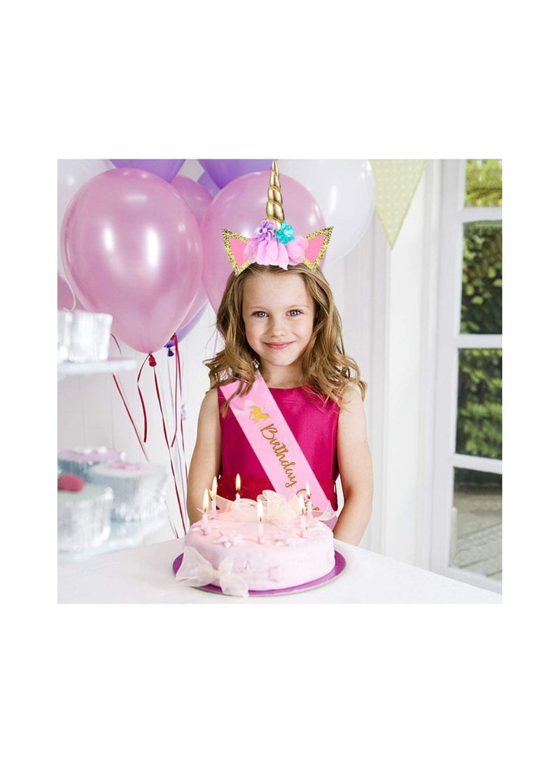 إسكدنيا Unicorn Headband and Birthday Girl Sash for Kids Party Supplies Gifts Children Horn Glitter Hairband Gold Pink - Image 5