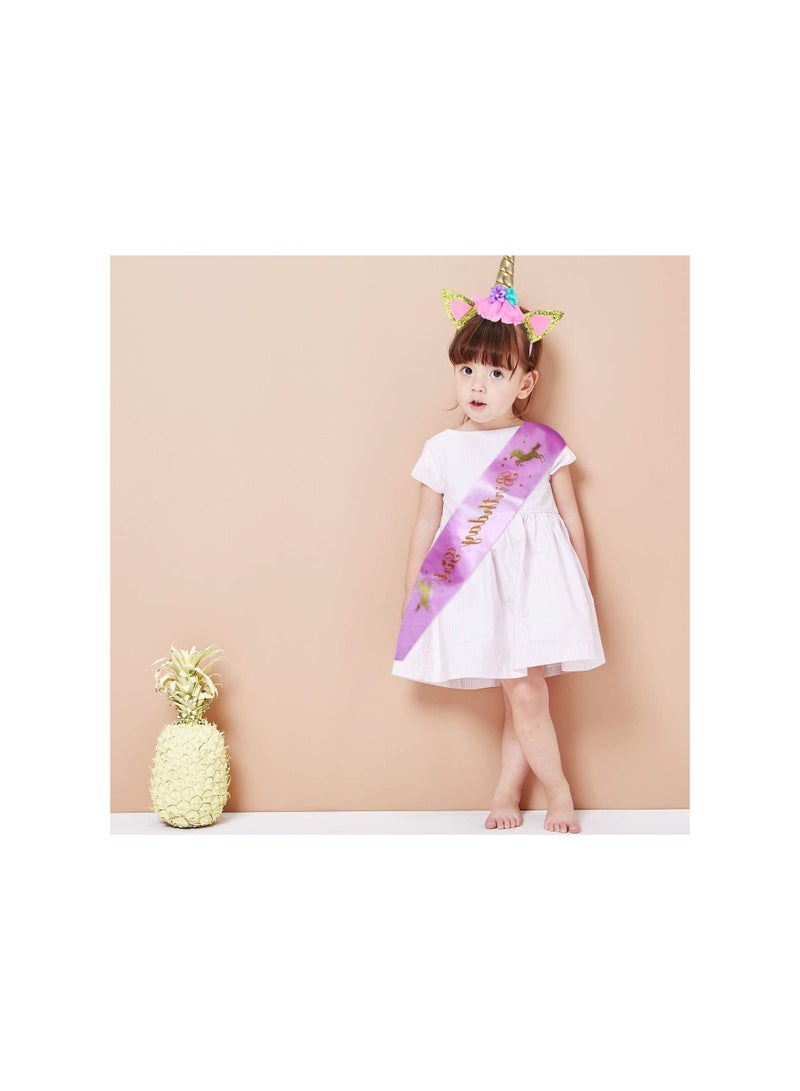 إسكدنيا Unicorn Headband and Birthday Girl Sash for Kids Party Supplies Gifts Children Horn Glitter Hairband Gold Pink - Image 3