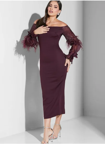 Threadz by Ajooni Tie Up Sleeve Mesh Detail Dress