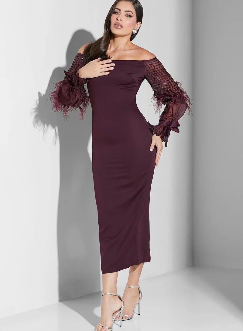 Threadz by Ajooni Tie Up Sleeve Mesh Detail Dress