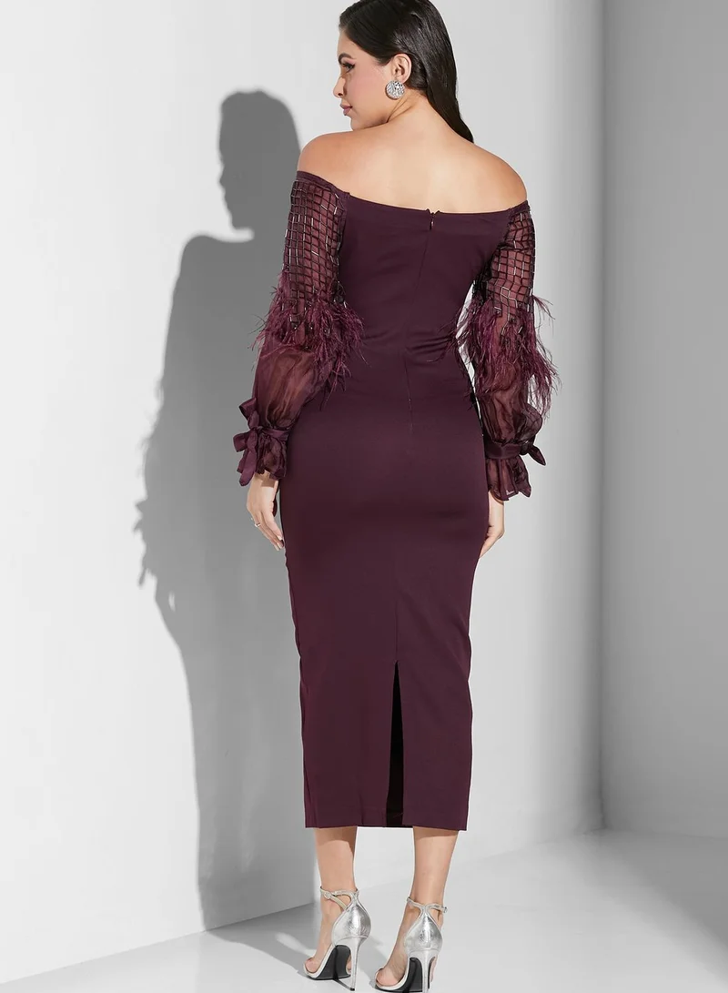 Threadz by Ajooni Tie Up Sleeve Mesh Detail Dress