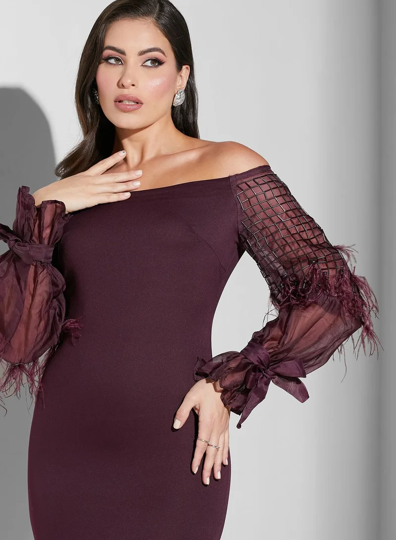 Threadz by Ajooni Tie Up Sleeve Mesh Detail Dress