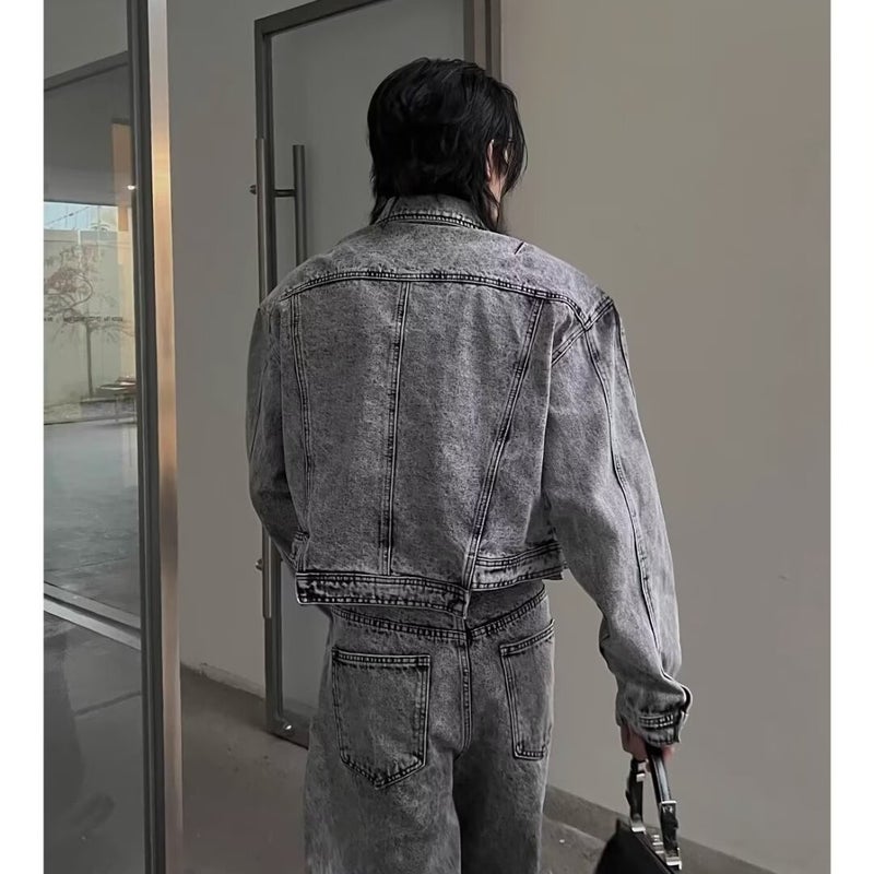 Boys Niche Old Vintage Washed Shoulder Pad Denim Suit Loose High Street Jacket Coat Straight Leg Pants - Image 4