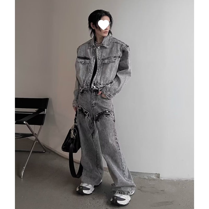 Boys Niche Old Vintage Washed Shoulder Pad Denim Suit Loose High Street Jacket Coat Straight Leg Pants - Image 2