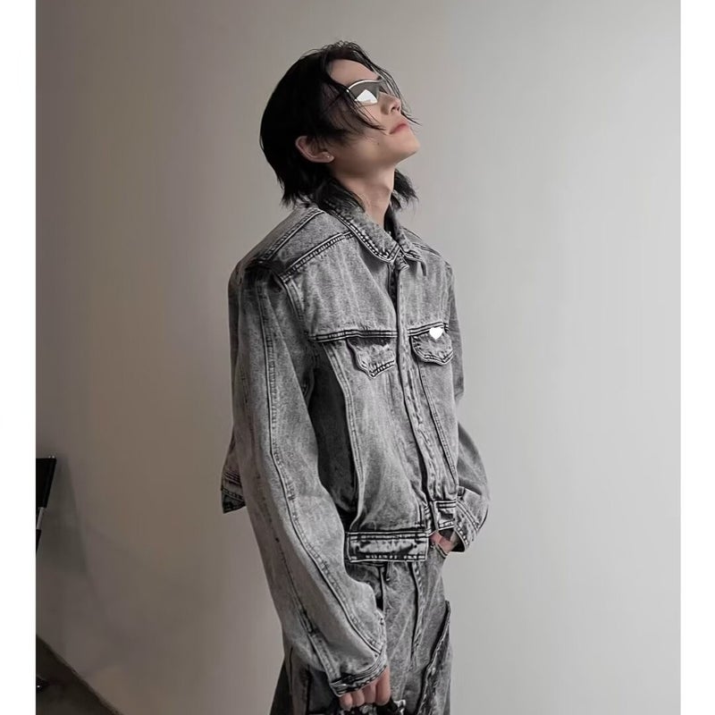 Boys Niche Old Vintage Washed Shoulder Pad Denim Suit Loose High Street Jacket Coat Straight Leg Pants - Image 5
