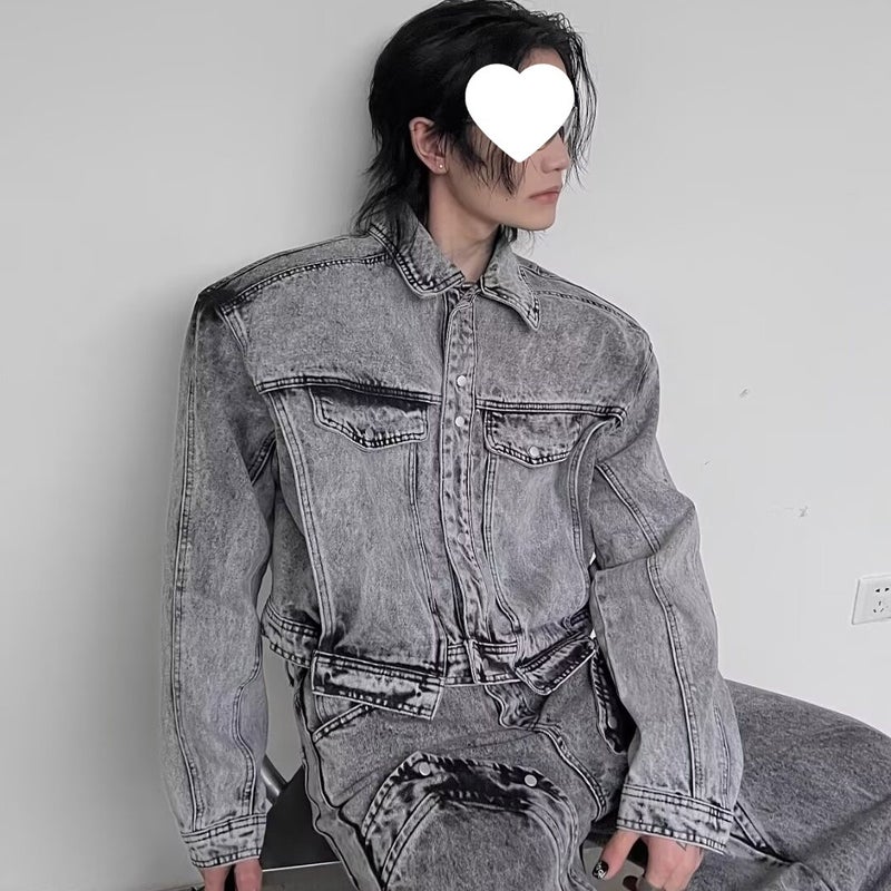 Boys Niche Old Vintage Washed Shoulder Pad Denim Suit Loose High Street Jacket Coat Straight Leg Pants - Image 1