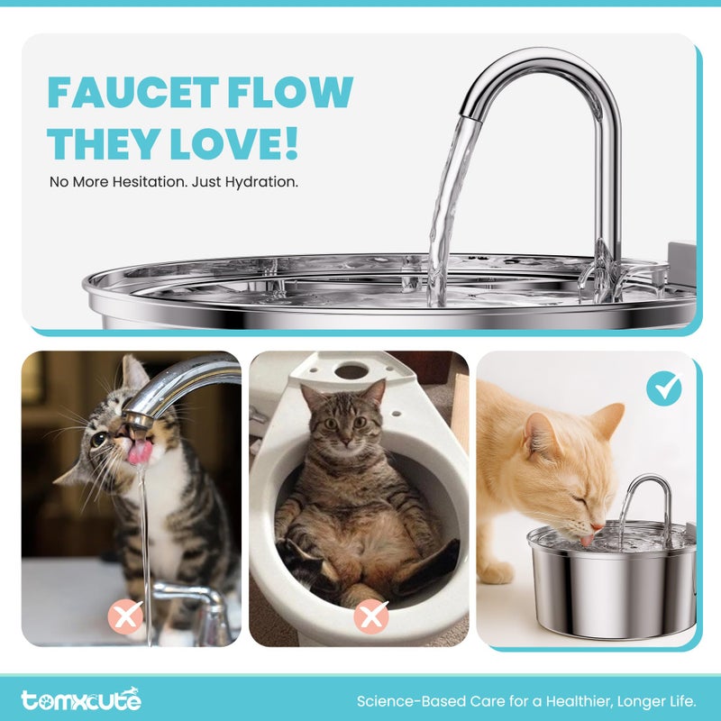 tomxcute نافورة مياه للقطط من الفولاذ المقاوم للصدأ - سعة كبيرة 108 أونصة/3.2 لتر للقطط للشرب، نافورة مياه معدنية هادئة للغاية للحيوانات الأليفة للقطط، الكلاب الصغيرة، والحيوانات الأليفة المتعددة - Image 4