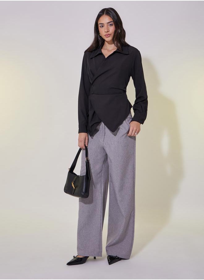 Take Two Solid Long Sleeve Wrap Top with Button Detail  - Image 2
