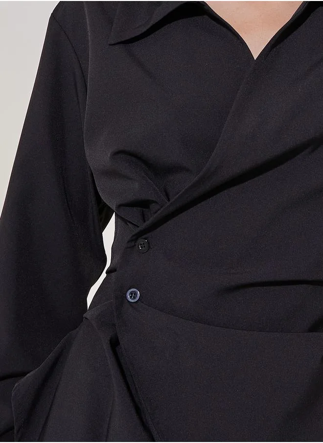 Styli Solid Long Sleeve Wrap Top with Button Detail