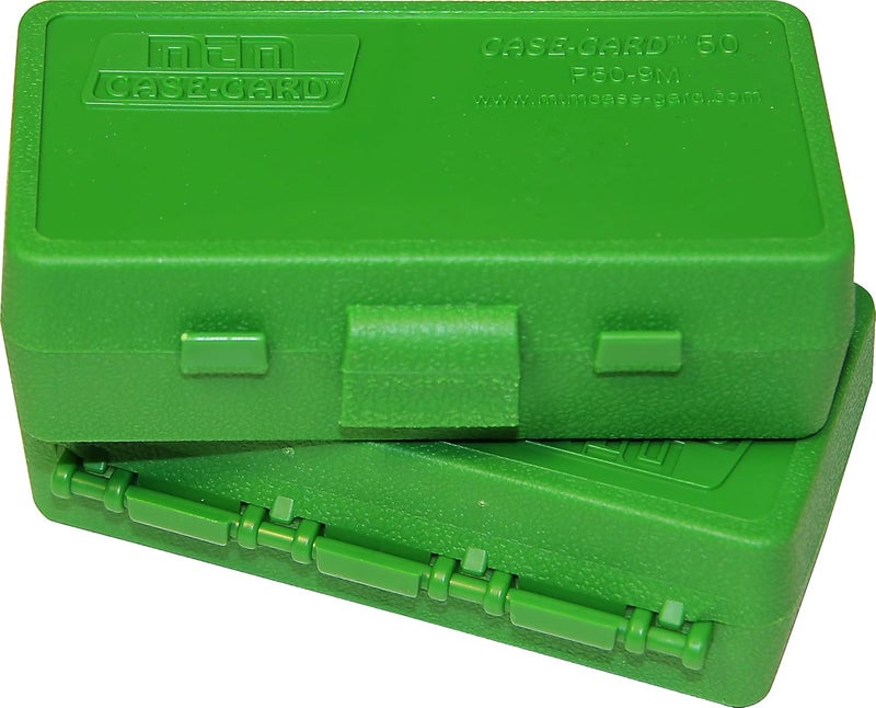 MTM P50-9M-10 Ammo Box 50 Round Flip-Top | Fits 380 ACP & 9MM Cal| Made of Polypropylene | Stackable, Snap Lock Latch | USA Made | Green - Image 3