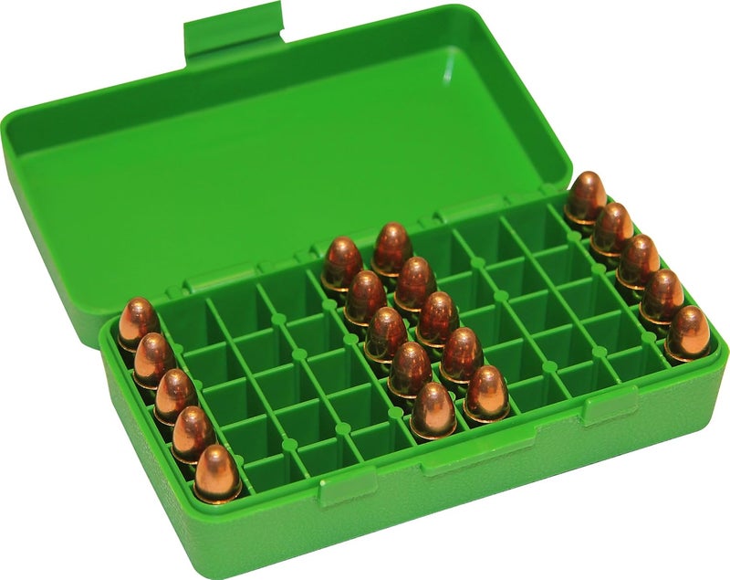 MTM P50-9M-10 Ammo Box 50 Round Flip-Top | Fits 380 ACP & 9MM Cal| Made of Polypropylene | Stackable, Snap Lock Latch | USA Made | Green - Image 2