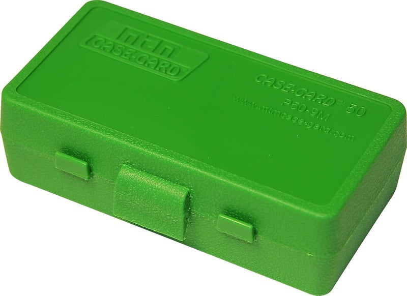 MTM P50-9M-10 Ammo Box 50 Round Flip-Top | Fits 380 ACP & 9MM Cal| Made of Polypropylene | Stackable, Snap Lock Latch | USA Made | Green - Image 1