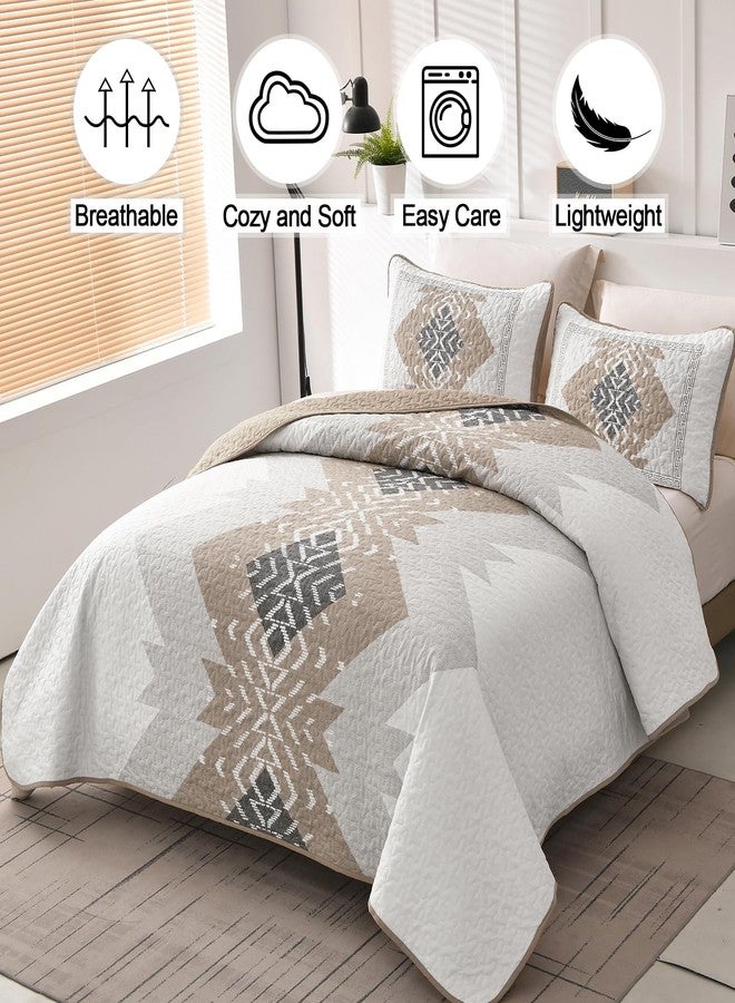 Dintszyayue Brown Boho Quilt Set King,3 Pieces Aztec Texture Quilt with 2 Pillowcases,Bohemian Geometric Bedspread Bedding Set Microfiber Quilted Coverlet Set for All Seasons King Size(90"×103") - Image 2