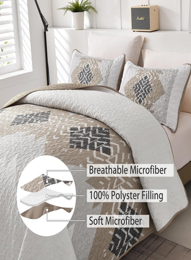 Dintszyayue Brown Boho Quilt Set King,3 Pieces Aztec Texture Quilt with 2 Pillowcases,Bohemian Geometric Bedspread Bedding Set Microfiber Quilted Coverlet Set for All Seasons King Size(90"×103") - Image 3