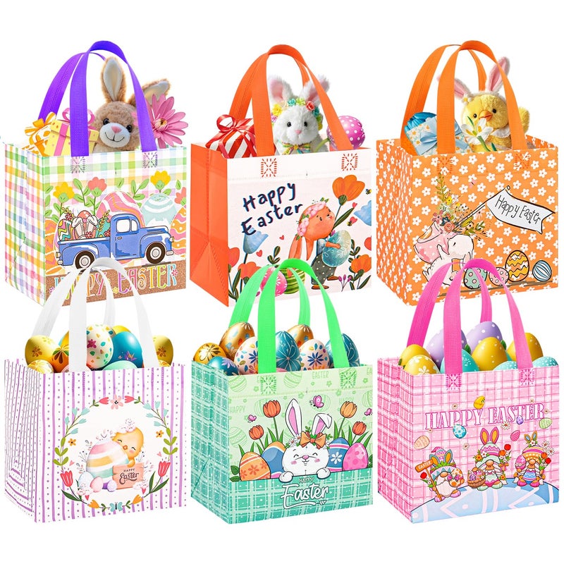 DECHISY 6 Pack Easter Gift Bags, 8.3Ã—7.9Ã—6 inch Non-Woven Easter Bags with Handles, 6 Unique Patterns Egg Hunt Baskets for Kids, Party Supplies - Image 1
