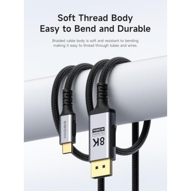 USB C to DisplayPort 1.4 Cable [8K@60Hz, 4K@240Hz, 2K@360Hz], Super Soft Thunderbolt 5/4 USB4 to DP 32.4Gbps HBR3 Alt Mode Adapter for MacBook Pro Air iMac TV Bi-directional 3M - Image 2