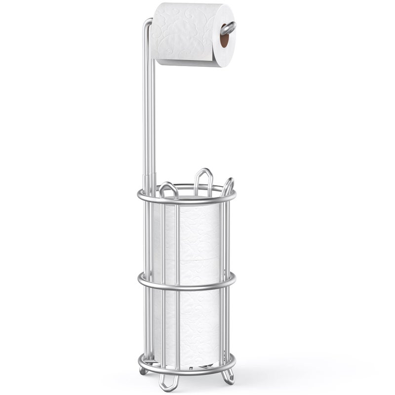 Meangood Toilet Paper Holder Stand and Tissue Paper Roll Dispenser for 4 Mega Rolls Bathroom Free Standing Tissue Roll Storage Holder Rack Metal Wire Silver