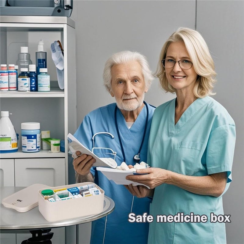iBune Medicine Lock Box with Code, Lockable Storage Box, Small Lock Box for Medication Safe/Personal Items/Home/Office/Dorm, Navy Grey, Beige - Image 2