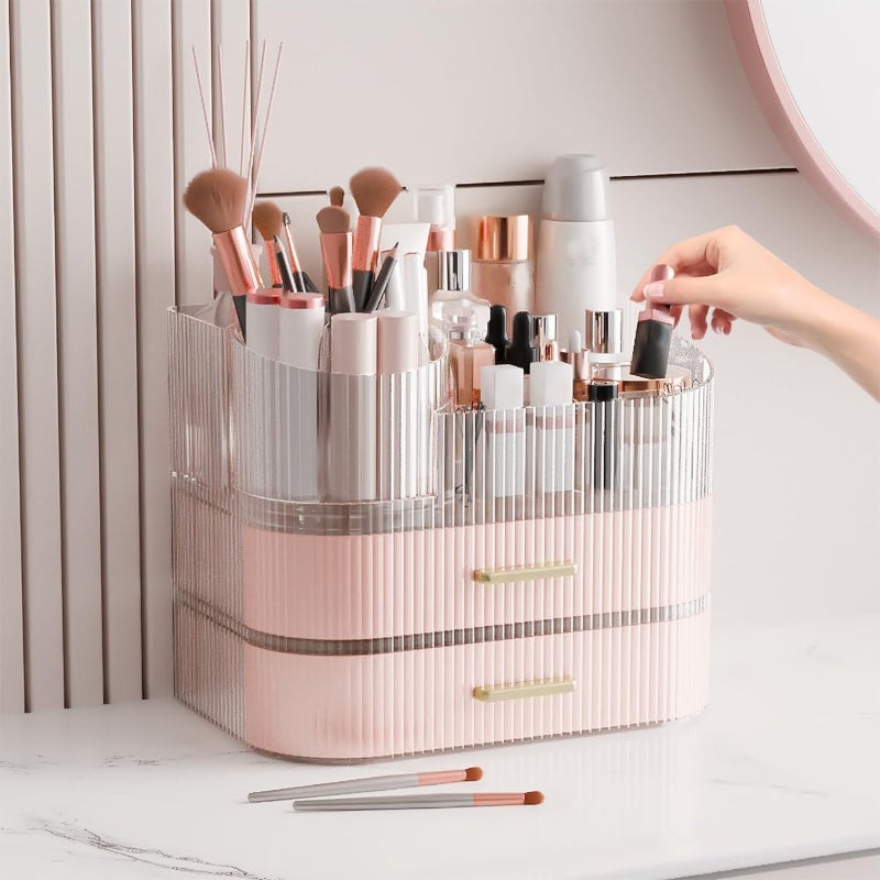 STORICANS Makeup Organizer with Stackable Drawer, 360 Rotating Makeup Brush Holder, 11-inch Wide Large Cosmetic Display Case, Skincare Organizers and Storage for Dresser, Vanity, Bathroom Countertop - Image 1