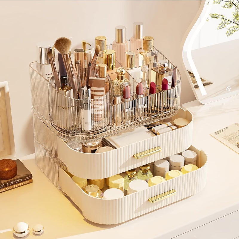 STORICANS Makeup Organizer with Stackable Drawer, 360 Rotating Makeup Brush Holder, 11-inch Wide Large Cosmetic Display Case, Skincare Organizers and Storage for Dresser, Vanity, Bathroom Countertop - Image 3