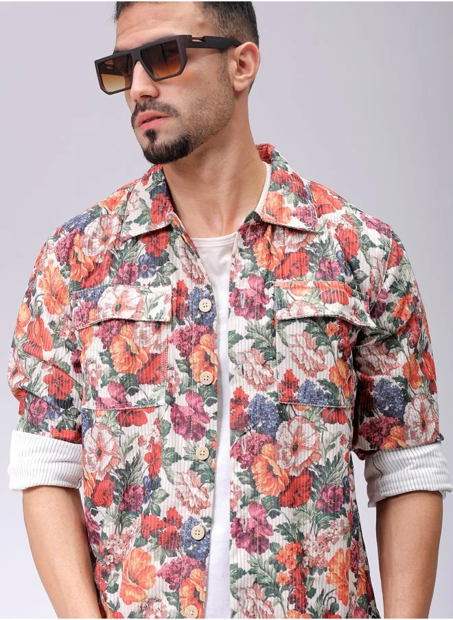 The Indian Garage Co Men Regular Fit Floral Printed Full Sleeves Cutaway Collar Double Flap Pocket Street Wear Over Shirt