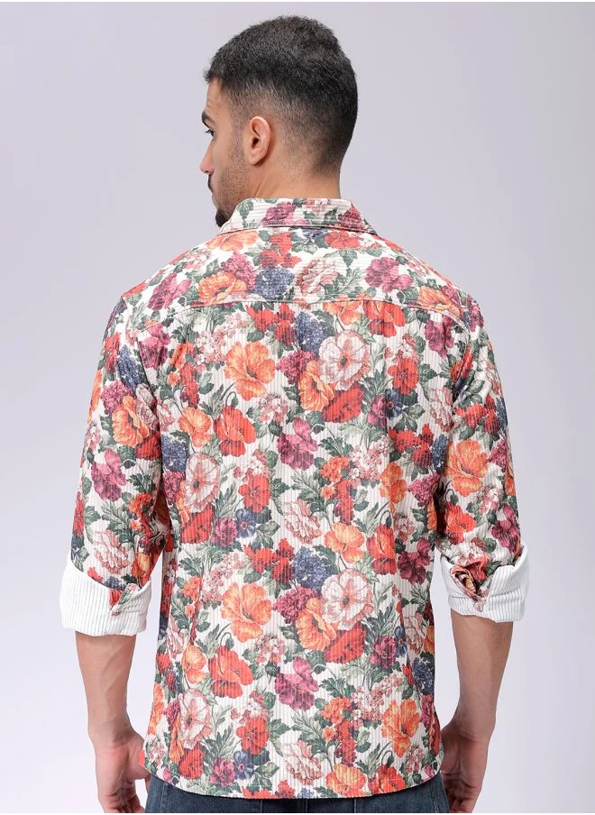 The Indian Garage Co Men Regular Fit Floral Printed Full Sleeves Cutaway Collar Double Flap Pocket Street Wear Over Shirt