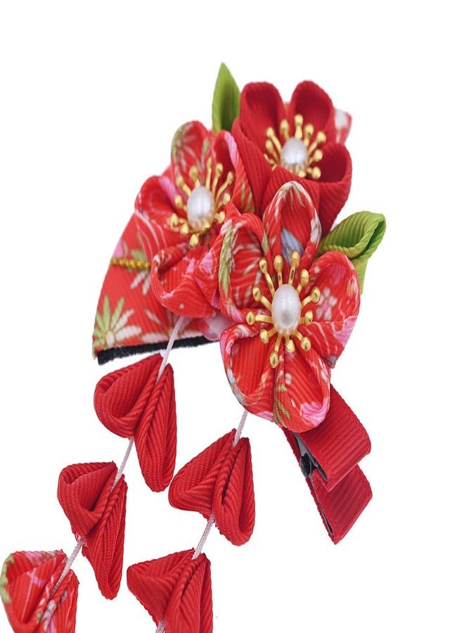 MIAO WU Japanese Style Women Flower Hair Clip Tassel Hair Ornament, Kimono Decor Fabric Hanfu Hairpin Accessories For Christmas Party Costume Gift (Red) - Image 3