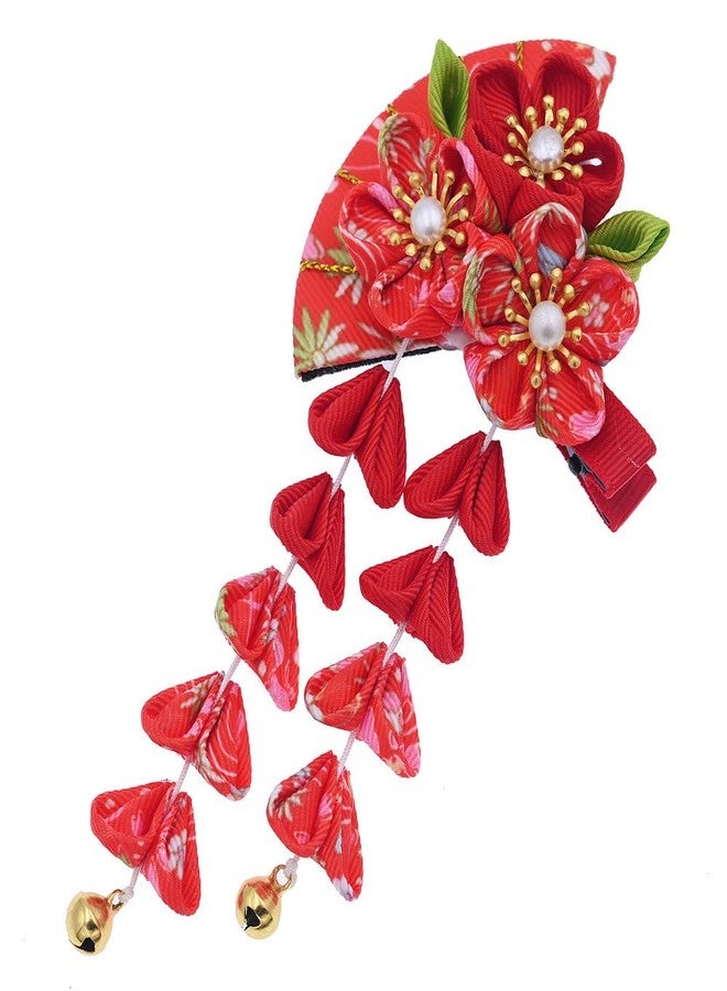 MIAO WU Japanese Style Women Flower Hair Clip Tassel Hair Ornament, Kimono Decor Fabric Hanfu Hairpin Accessories For Christmas Party Costume Gift (Red) - Image 2