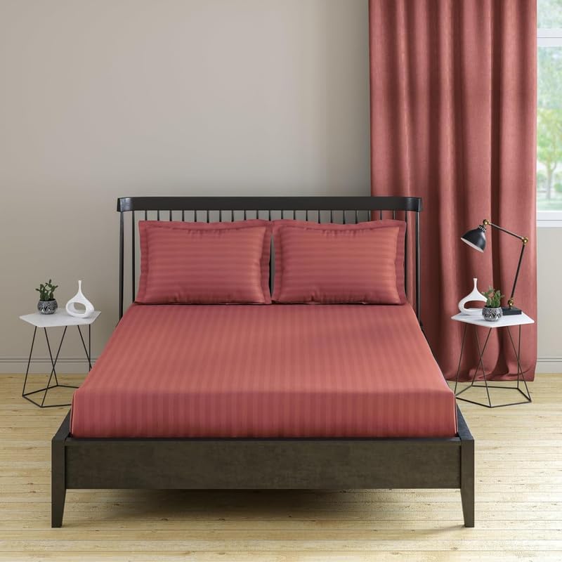 Pro Linen Pro Linen Basic 1Cm Satin Stripe Pure Cotton 210Tc 3Pc Bedding Set Queen Luxe Size 275x250 Cm Coral 1 Bed Sheet 2 Pillow Covers  - Image 1