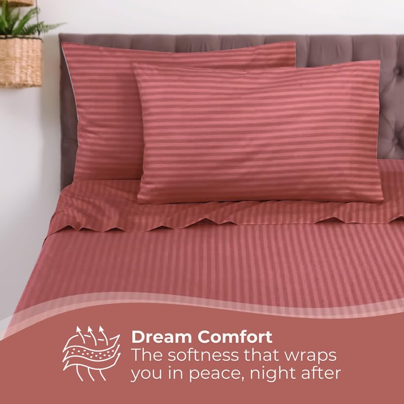 Pro Linen Pro Linen Basic 1Cm Satin Stripe Pure Cotton 210Tc 3Pc Bedding Set Queen Luxe Size 275x250 Cm Coral 1 Bed Sheet 2 Pillow Covers  - Image 2