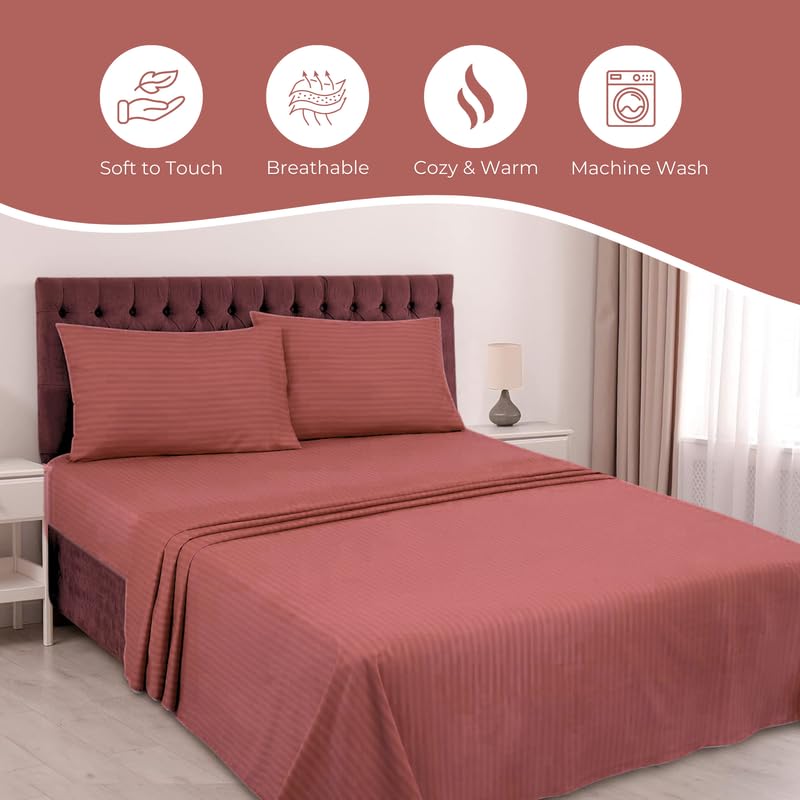 Pro Linen Pro Linen Basic 1Cm Satin Stripe Pure Cotton 210Tc 3Pc Bedding Set Queen Luxe Size 275x250 Cm Coral 1 Bed Sheet 2 Pillow Covers  - Image 4