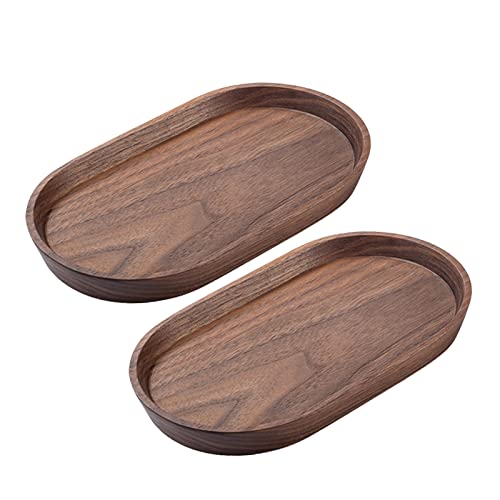 Vandroop Mini Serving Trays for Parties, Small Decorative Tray for Tea＆Coffee, Oval Wooden Plates for Serving Food for Appetizer＆Vegetables for Bathroom 7.8"×4.6" (Walnut, Set of 2) - Image 1