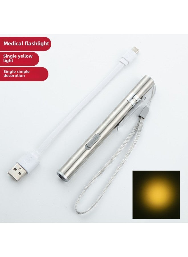Pupil Pen Doctor Special Nurse Children Morning Examination Usb Charging Ophthalmology Otolaryngology Oral Small Medical Flashlight-Color:Silver Single Yellow Light  - Image 1