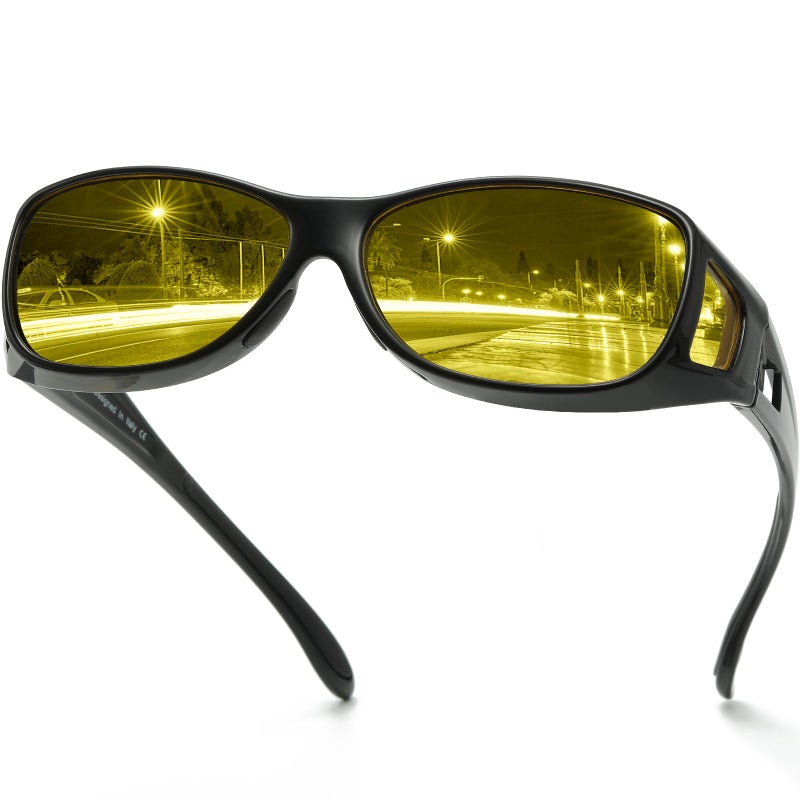 DUCO Night Vision Driving Glasses Fit Over Glasses for Men and Women Anti Glare Polarized Yellow Nighttime Lens 8953Y (A01-M Size Black Frame Night Vision Lens) - Image 1