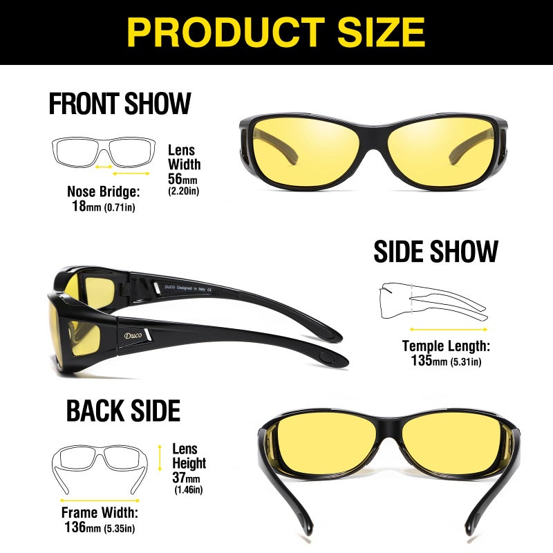DUCO Night Vision Driving Glasses Fit Over Glasses for Men and Women Anti Glare Polarized Yellow Nighttime Lens 8953Y (A01-M Size Black Frame Night Vision Lens) - Image 2