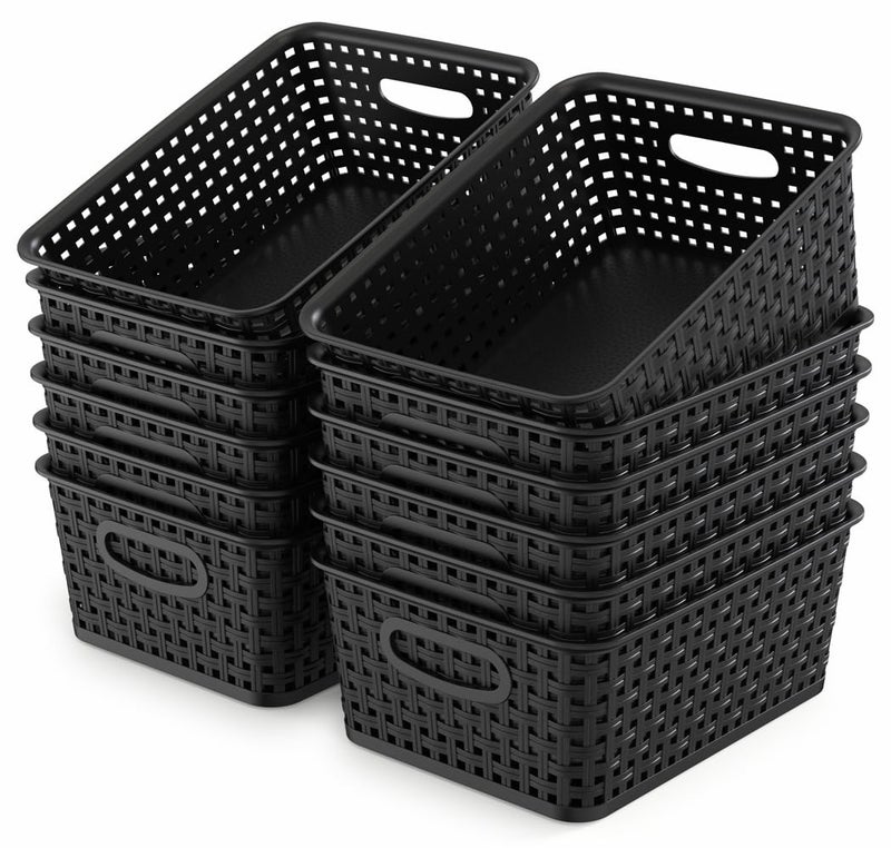 WYT 12-Pack Plastic Small Shelf Storage Weave Baskets for Organizing, Black - Image 1