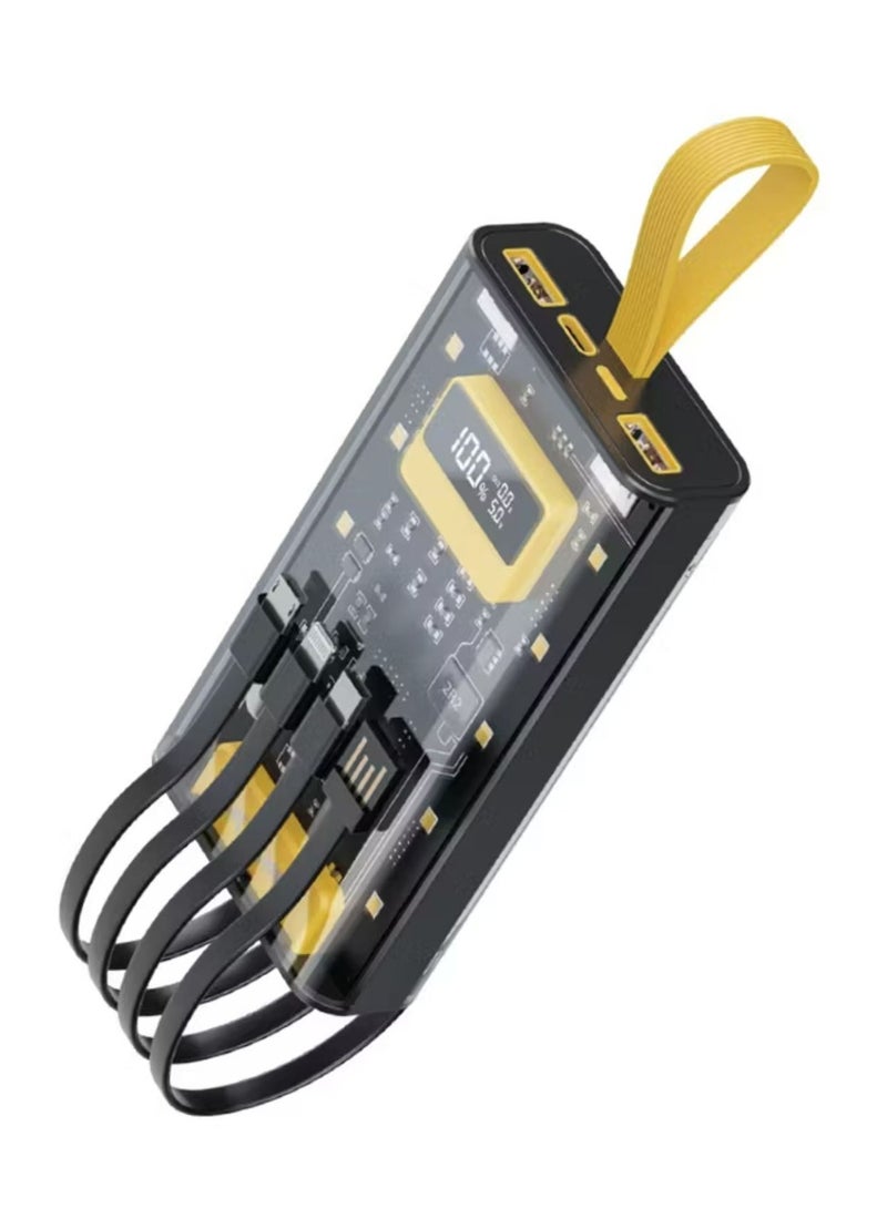 Transparent Pro Power Bank 10000 mAh, PD 20W, Fast Charging, Micro & Type-C & Lightning & USB- A Built-in Cables, Digital Display - Black / Yellow