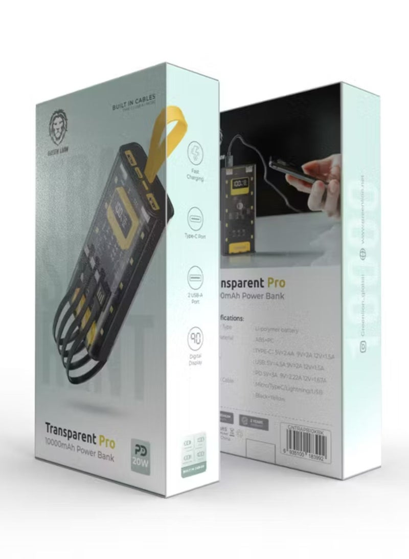 Transparent Pro Power Bank 10000 mAh, PD 20W, Fast Charging, Micro & Type-C & Lightning & USB- A Built-in Cables, Digital Display - Black / Yellow