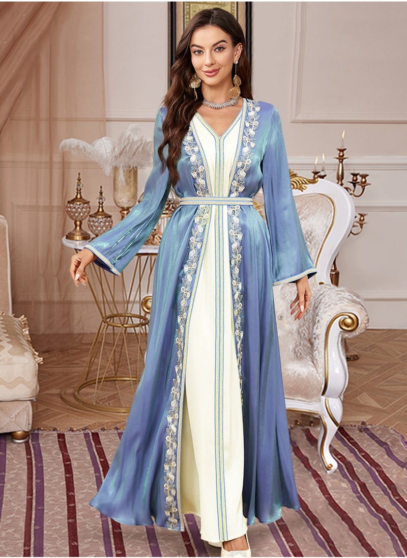 Madam Uniq Muslim Abaya Long Sleeve Open Front Rhinestones Kaftan Cardigan Maxi Dress for Women with Belt  - Image 5