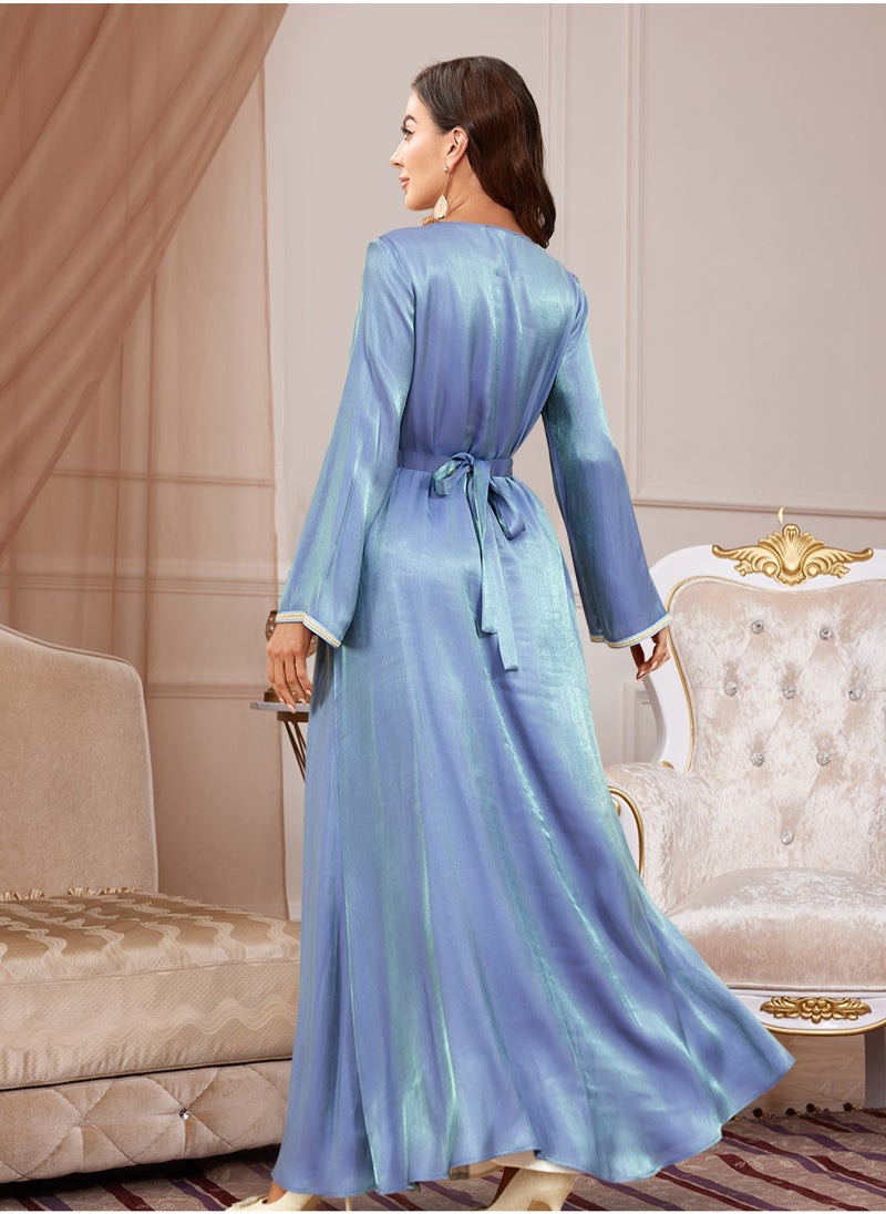 Madam Uniq Muslim Abaya Long Sleeve Open Front Rhinestones Kaftan Cardigan Maxi Dress for Women with Belt  - Image 2
