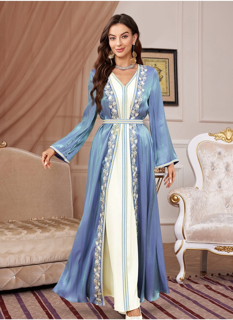 Madam Uniq Muslim Abaya Long Sleeve Open Front Rhinestones Kaftan Cardigan Maxi Dress for Women with Belt  - Image 1
