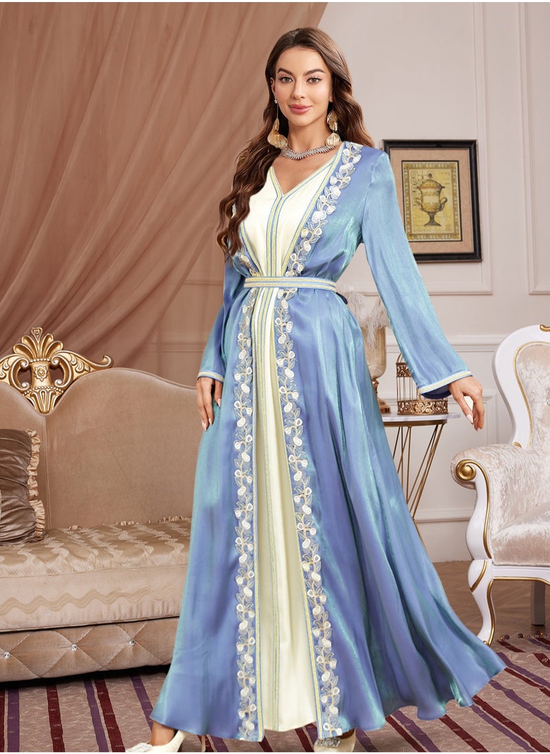 Madam Uniq Muslim Abaya Long Sleeve Open Front Rhinestones Kaftan Cardigan Maxi Dress for Women with Belt  - Image 4